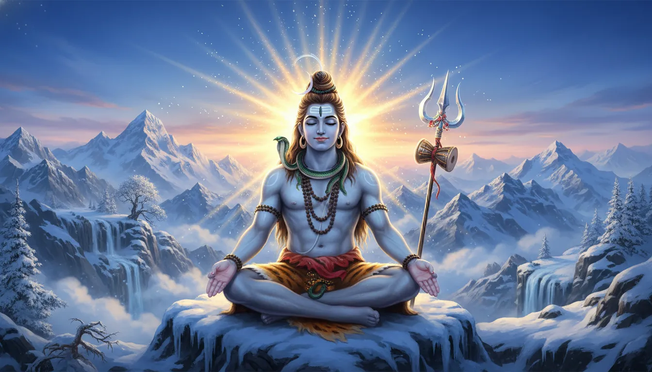 Mahadev Lord Shiva spiritual wallpaper with glowing aura and trishul 9 Mahadev in Snowy Mountain Landscape Lord Shiva seated on a rock in a snowy valley with frozen trees, flowing water, and soft moonlight. Mahadev bringing peace to the silent snowy mountains. Mahadev Lord Shiva sitting in snowy mountain landscape with river 10 Lord Shiva Divine Cosmic Meditation A creative cosmic image of Lord Shiva meditating with stars, moonlight, blue aura, trishul, and universal energy around him. Lord Shiva, the cosmic power of peace, creation, and devotion. Lord Shiva cosmic meditation image with blue aura and trishul