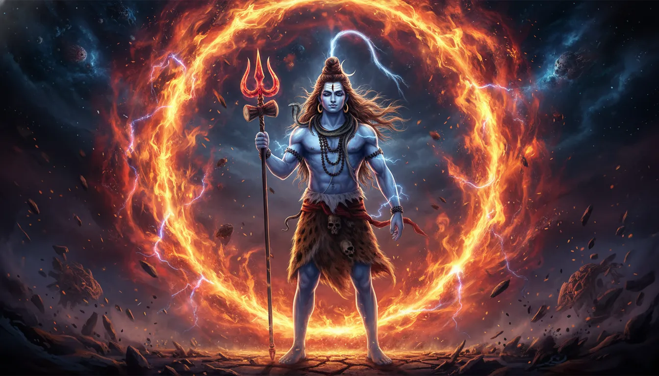 Lord Shiva standing inside circle of fire with trishul cosmic destruction