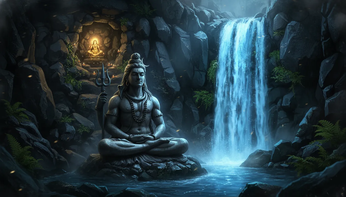 A Lord Shiva statue near a glowing blue waterfall with a small shrine-like figure above.