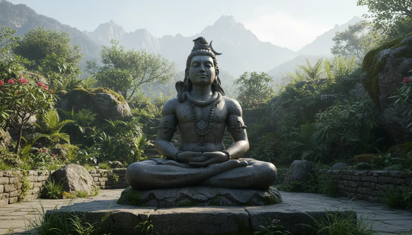 Majestic idol of Lord Shiva in a deep meditative posture under the open sky at Tarkeshwar Mahadev.
