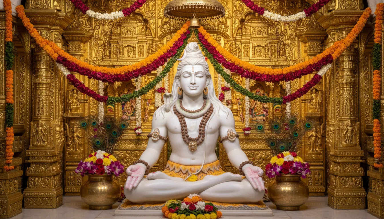 A white statue of Lord Shiva sits in meditation inside a richly decorated golden temple setting.
