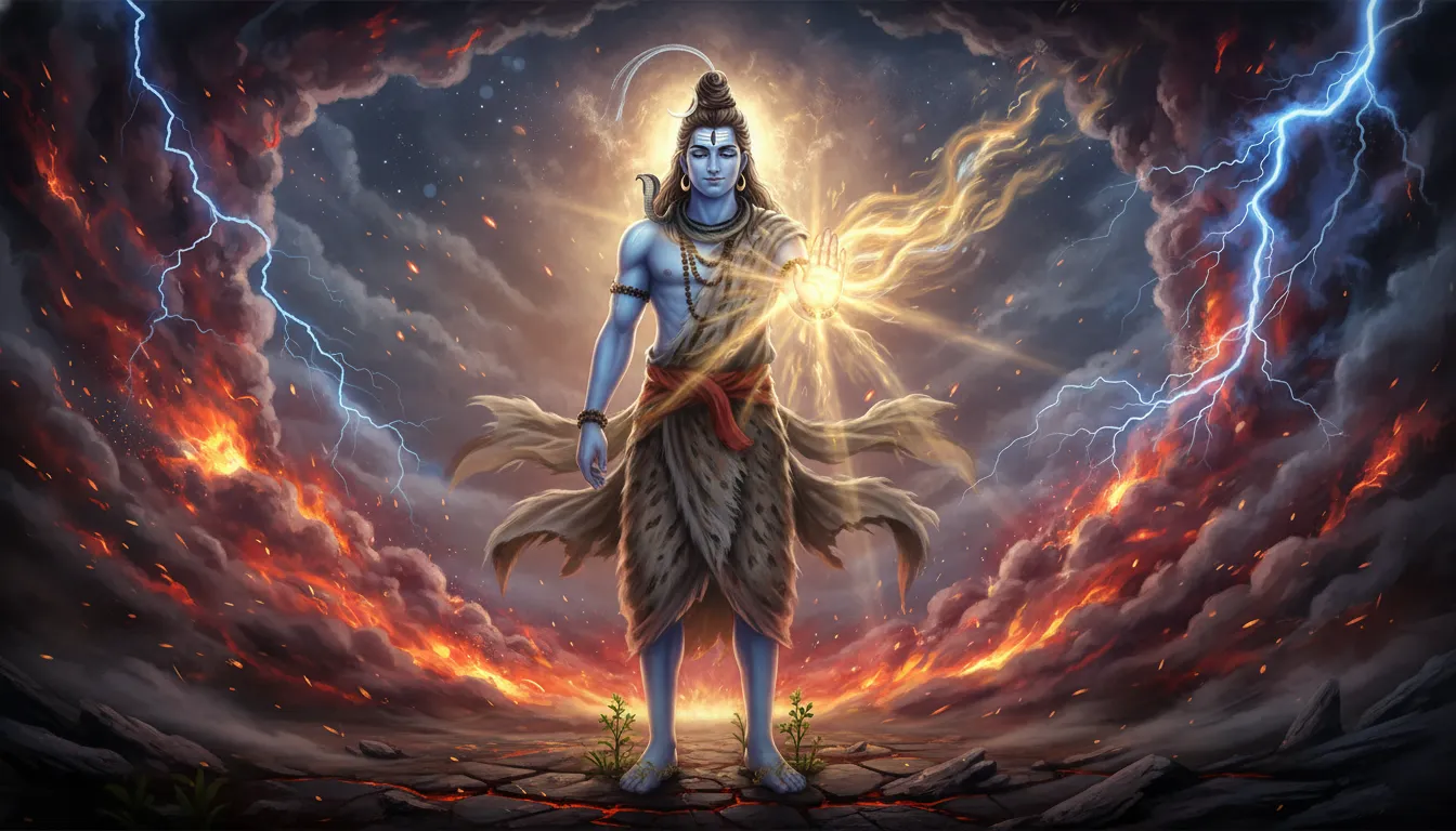 Lord Shiva extending his hand to calm a violent storm of fire and lightning