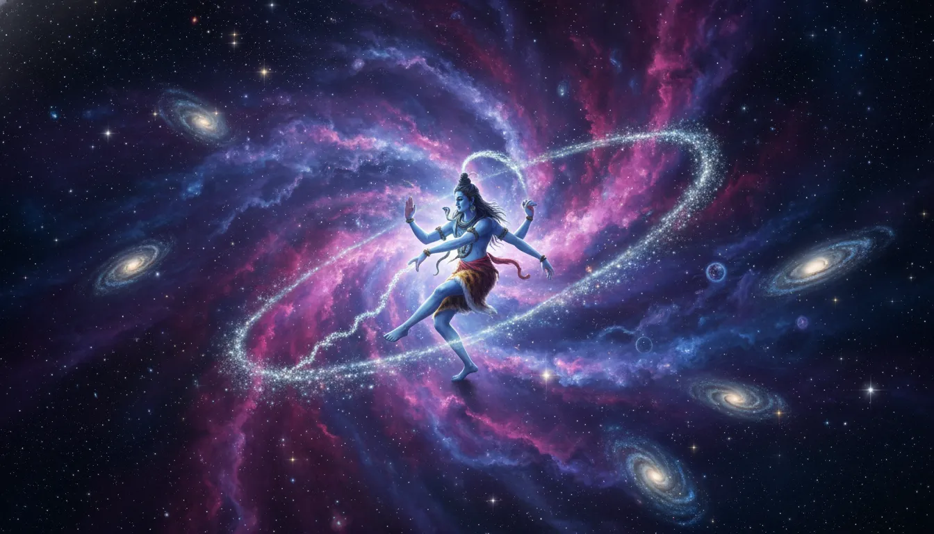 Lord Shiva performing the Tandava dance in deep space surrounded by glowing galaxies and nebulas.