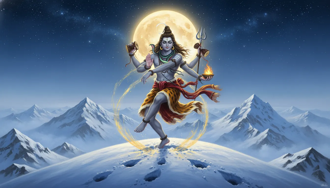 Lord Shiva dancing the Tandava on the snow-covered peaks of Mount Kailash under a starry night sky.