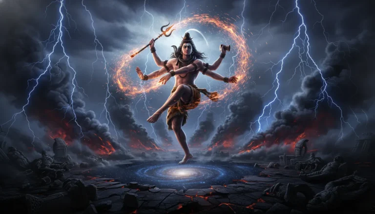Lord Shiva performing the Tandava dance amidst dramatic dark smoke, flashing lightning, and sparks.