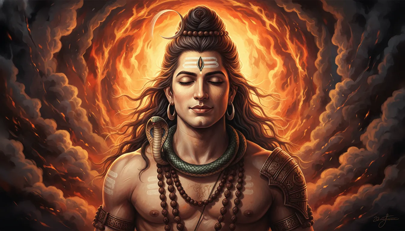 Intensely calm portrait of Lord Shiva before the divine Tandava dance with traditional ornaments