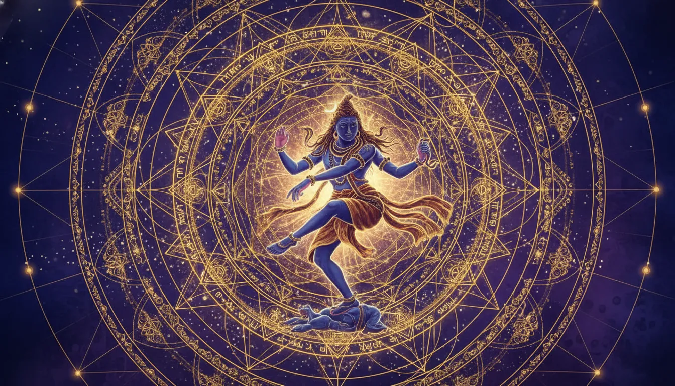 Lord Shiva dancing the Tandava inside a complex, glowing sacred geometry cosmic mandala.