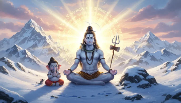 A detailed 3D render of Lord Shiva sitting in a lotus pose teaching baby Ganesha how to meditate on Mount Kailash.
