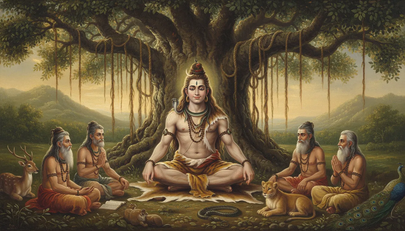 An oil painting style depiction of Lord Shiva as Dakshinamurthy sitting under a sacred banyan tree with relaxed, open Jata flowing over his shoulders.