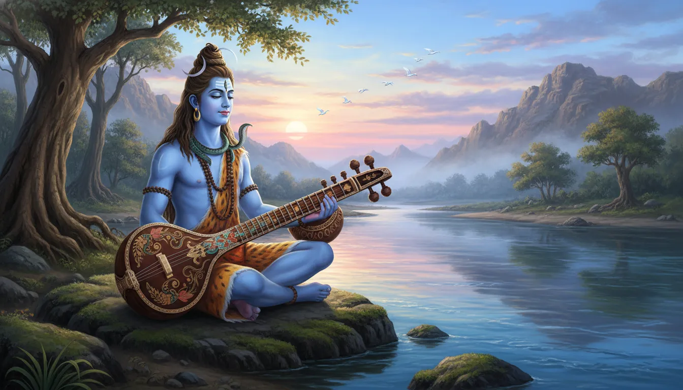 Lord Shiva sitting gracefully on a river bank holding a decorated Veena instrument.