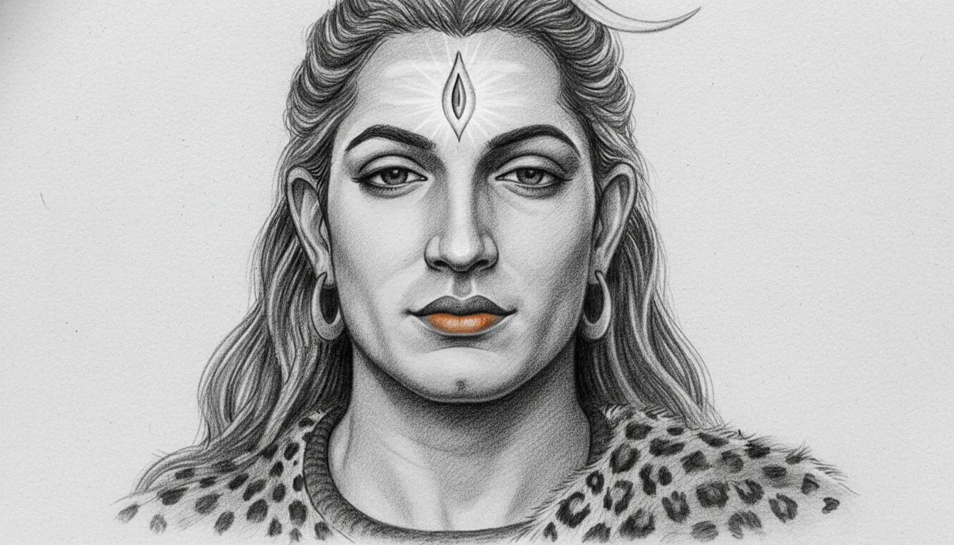 Detailed black and white artwork of Lord Shiva portrait with the third eye visible.