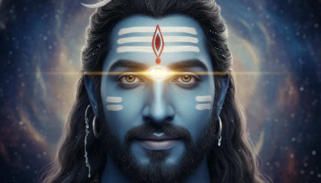 Mahadev real photo focusing on Lord Shiva's forehead and the divine glow of his third eye.