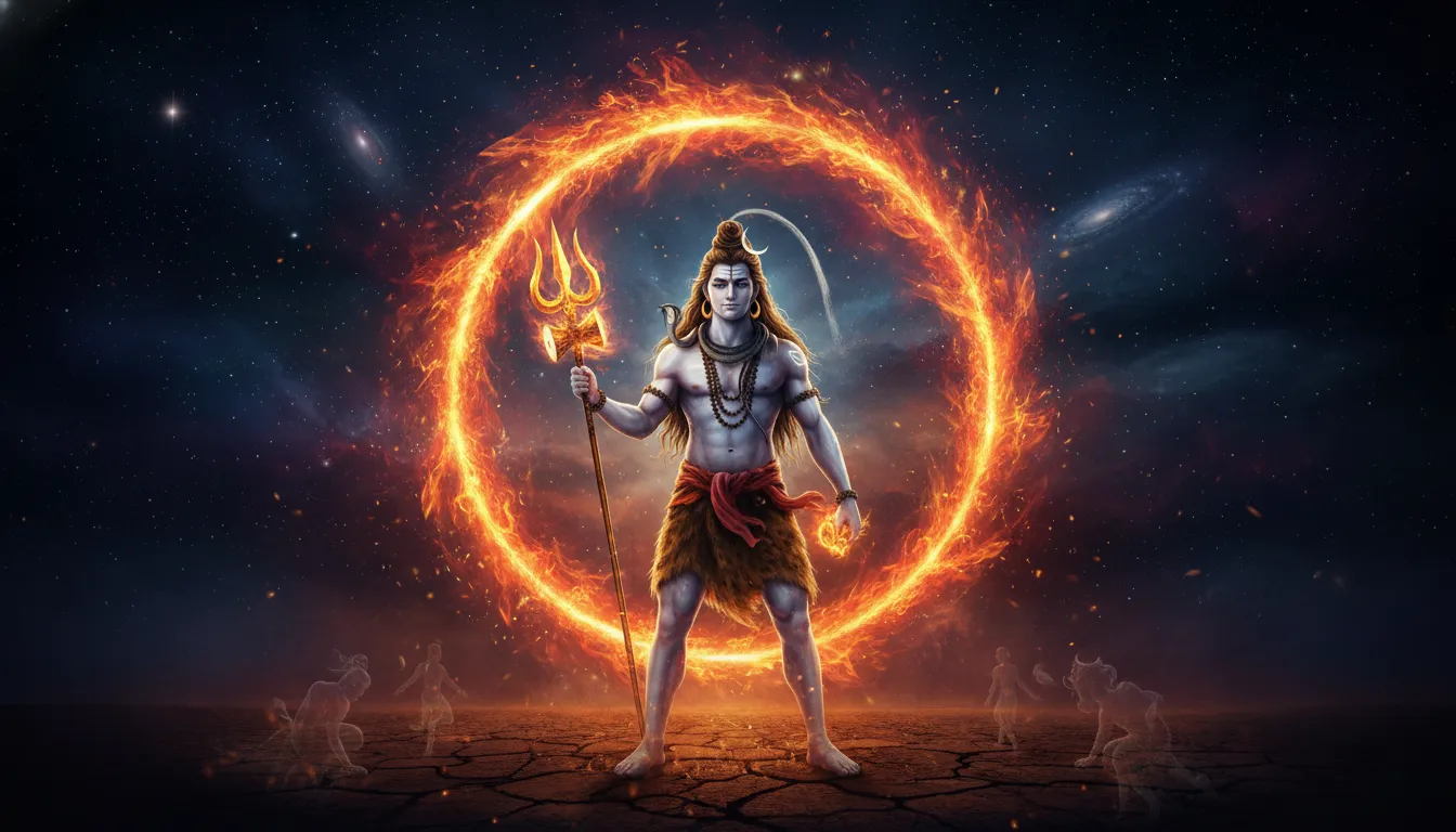 Lord Shiva standing as Mahakala the controller of time holding his cosmic trishul.