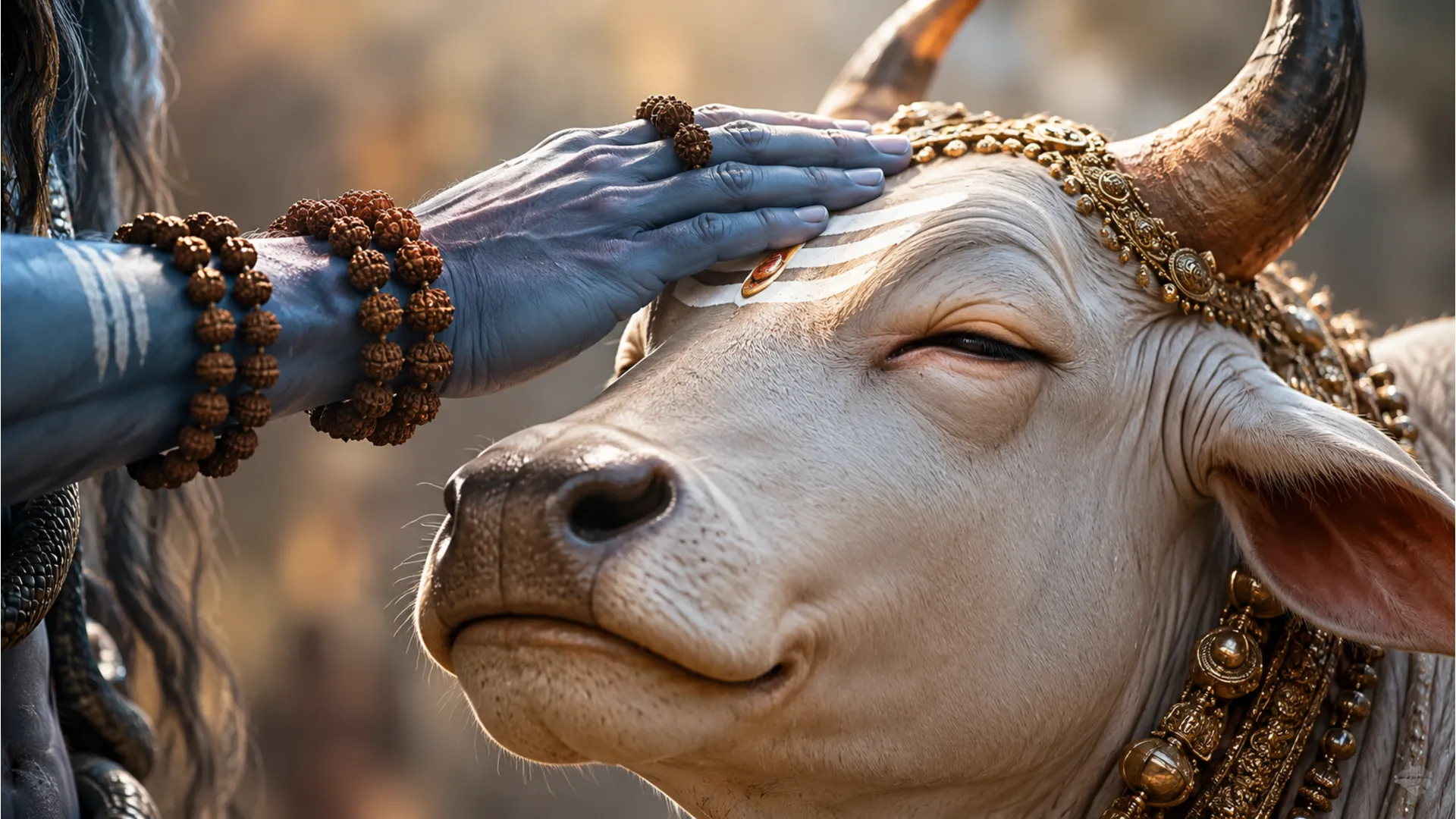 Close up shot of Lord Shiva gently placing his hand on Nandi’s forehead.