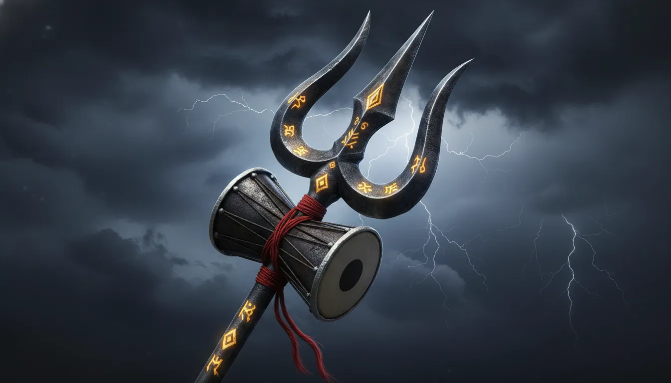 Close-up of Lord Shiva's divine Trishul and Damru in full HD 1080p.