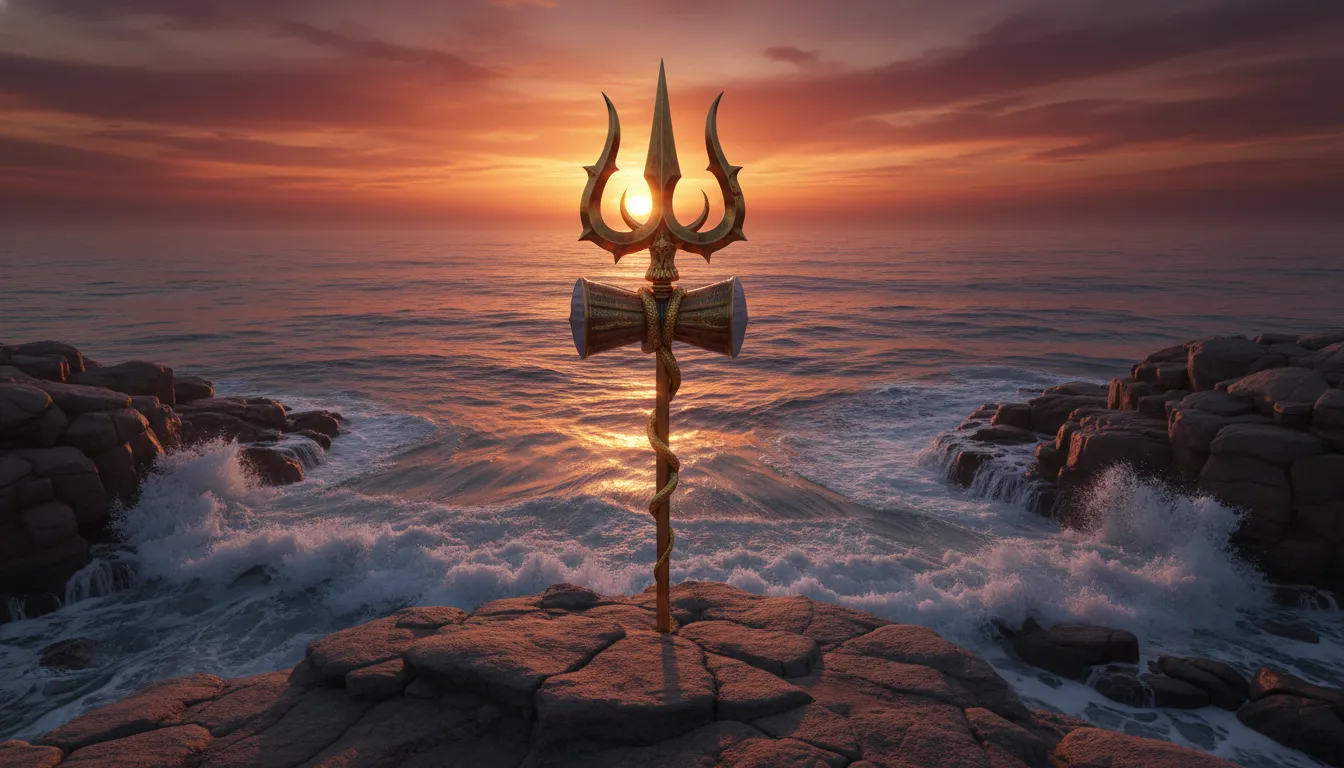 Holy trishul with damru on a rocky beach during a dramatic golden sunset.