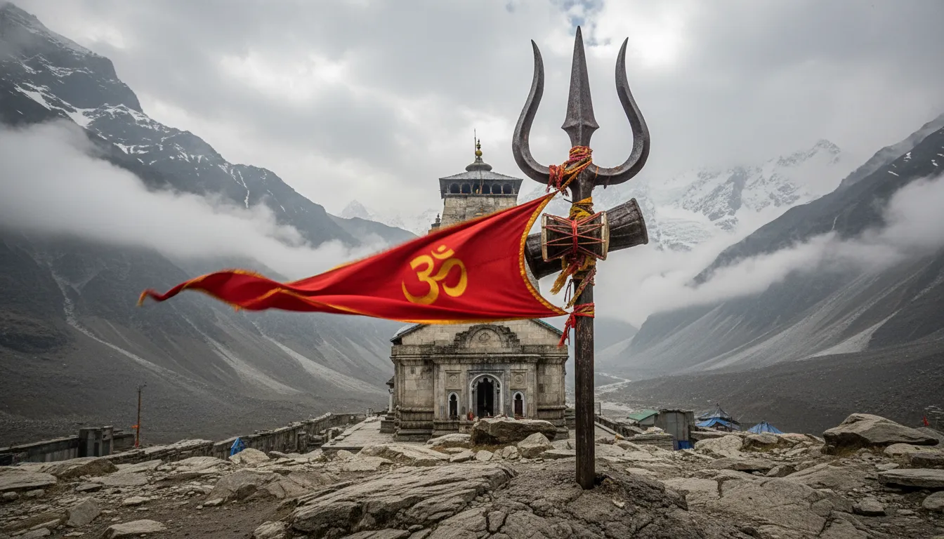 A metallic Trishul adorned with a damru and red flag with the Kedarnath temple in the background.