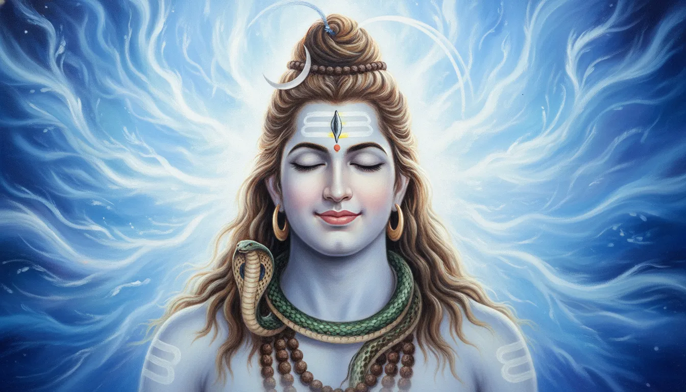 Full close-up spiritual portrait of Lord Shiva in absolute transcendental bliss