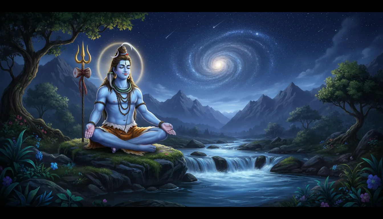 Lord Shiva’s divine energy glowing under the cosmic sky.Lord Shiva meditating under starry night sky near river and mountains