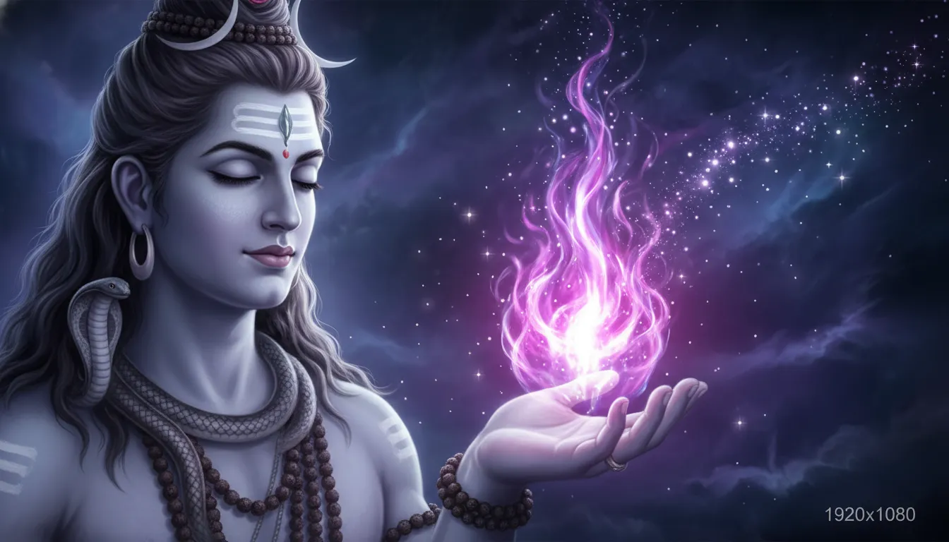 Lord Shiva's left hand cradling the divine flame of transformation during his celestial dance.