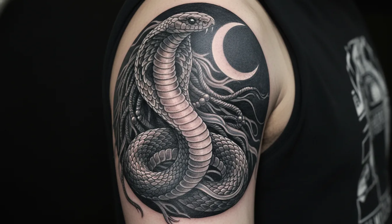 Detailed Mahadev tattoo photo with Vasuki snake and crescent moon