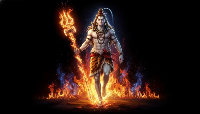Shiva walking with trident surrounded by divine flames emanating spiritual energy