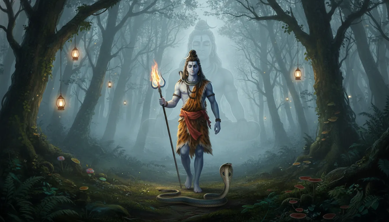 Blue-skinned Shiva holding trident walking in foggy forest with glowing lanterns and serpent