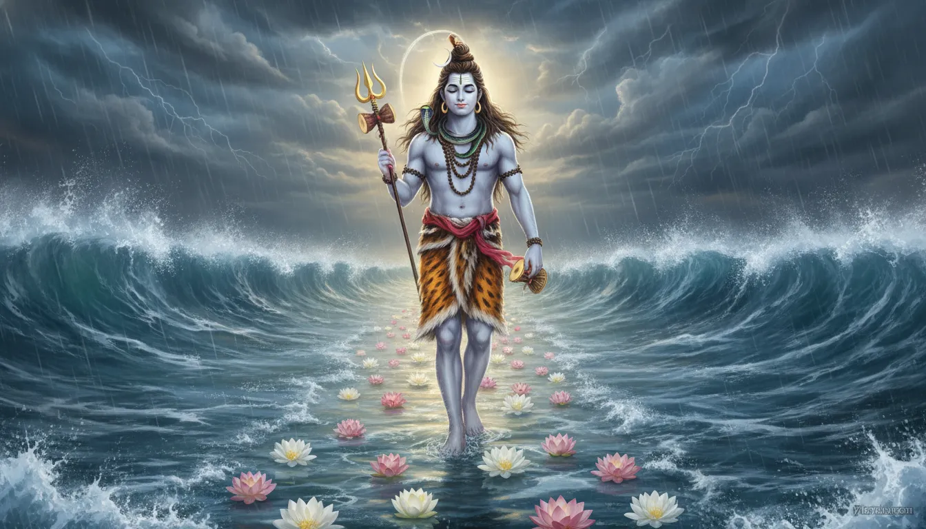 Majestic figure of Shiva walking gracefully on top of rough stormy ocean water