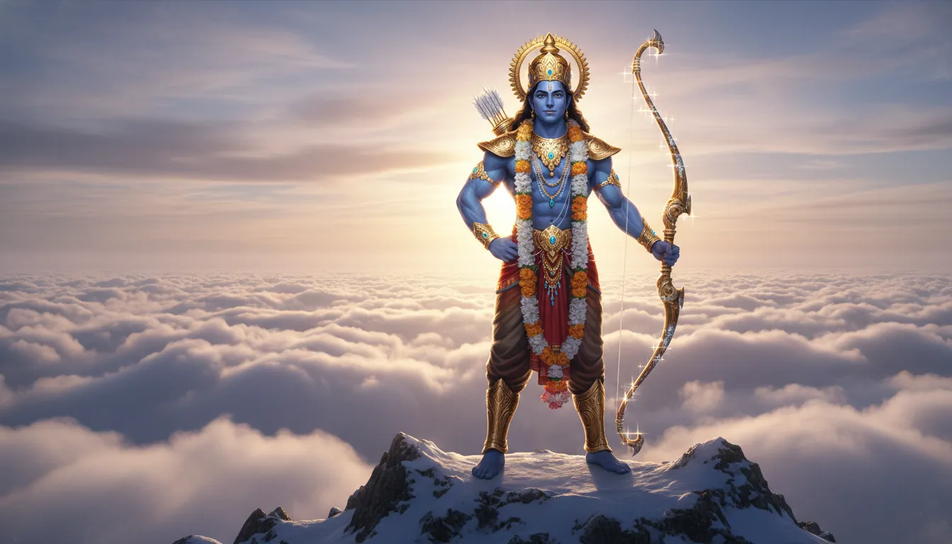 Blue-skinned warrior with a bow standing on a high mountain peak at sunrise