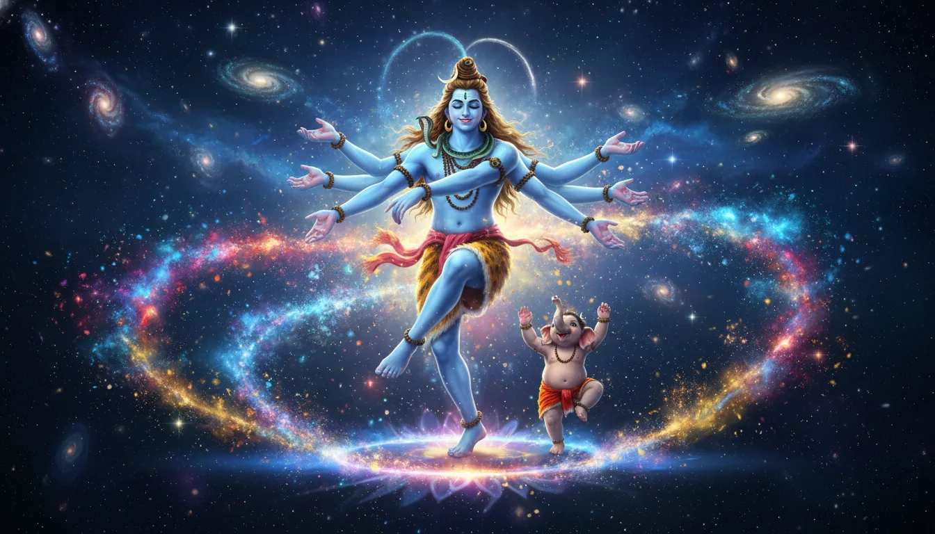 An energetic, artistic depiction of Lord Shiva doing a gentle dance with a happy baby Ganesha copying his steps.