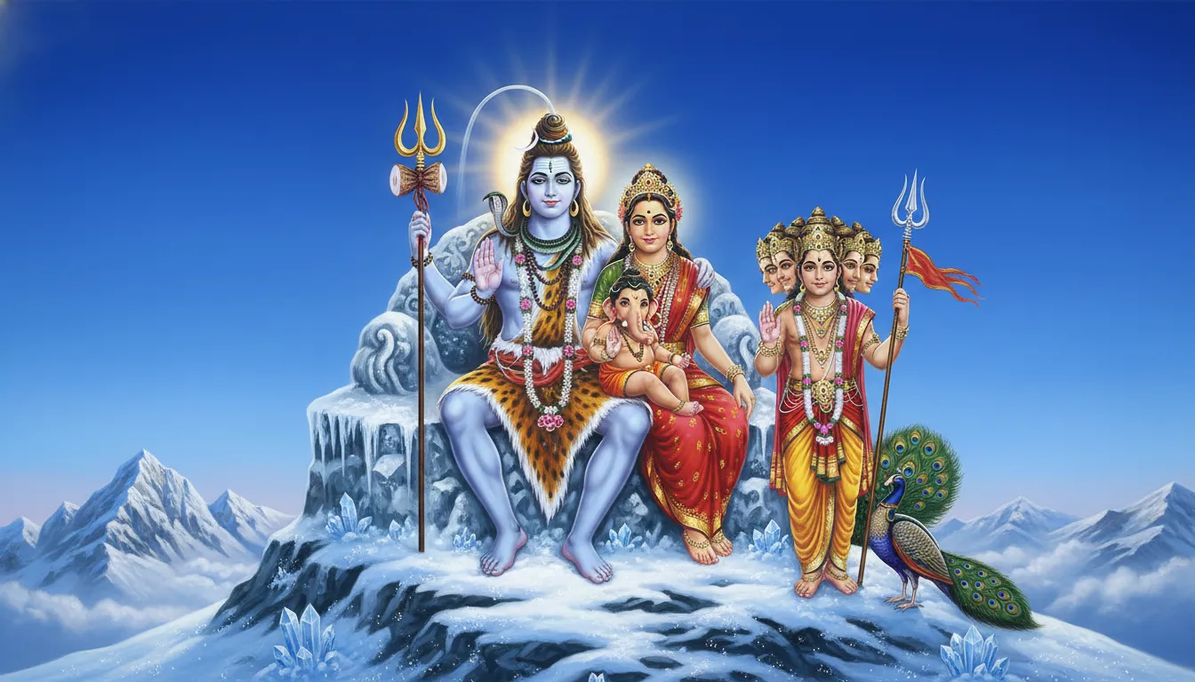 A serene digital painting of Lord Shiva and Goddess Parvati sitting together on Mount Kailash with Ganesha and Kartikeya.