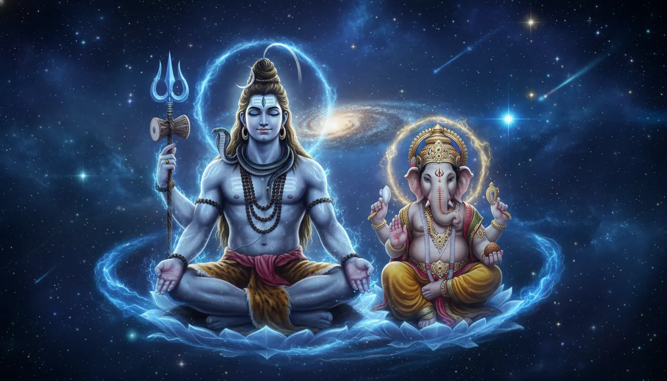 Lord Shiva and Ganesha in a cosmic spiritual background