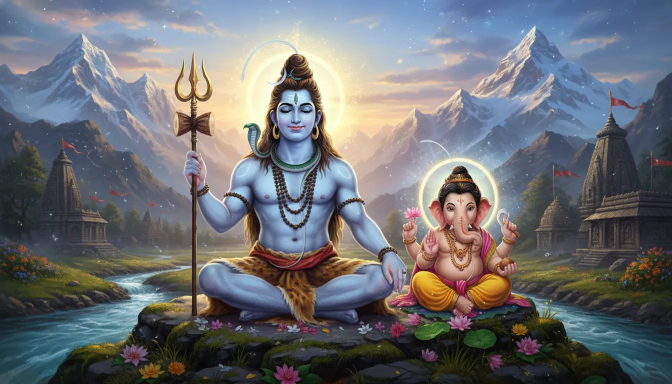 Lord Shiva with Ganesha in a peaceful divine setting