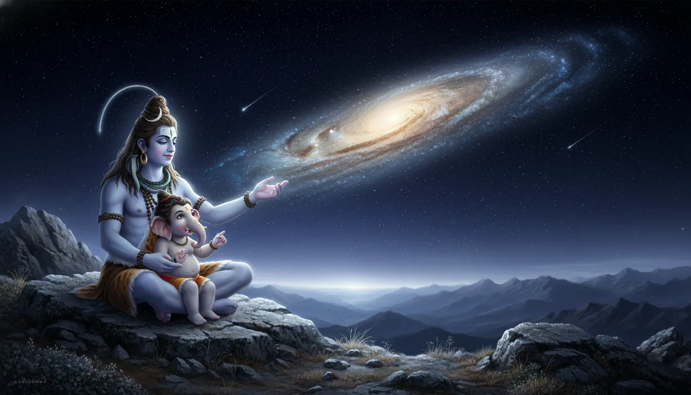 A stunning night sky painting of Lord Shiva pointing at the stars while Bal Ganesha looks up in wonder.