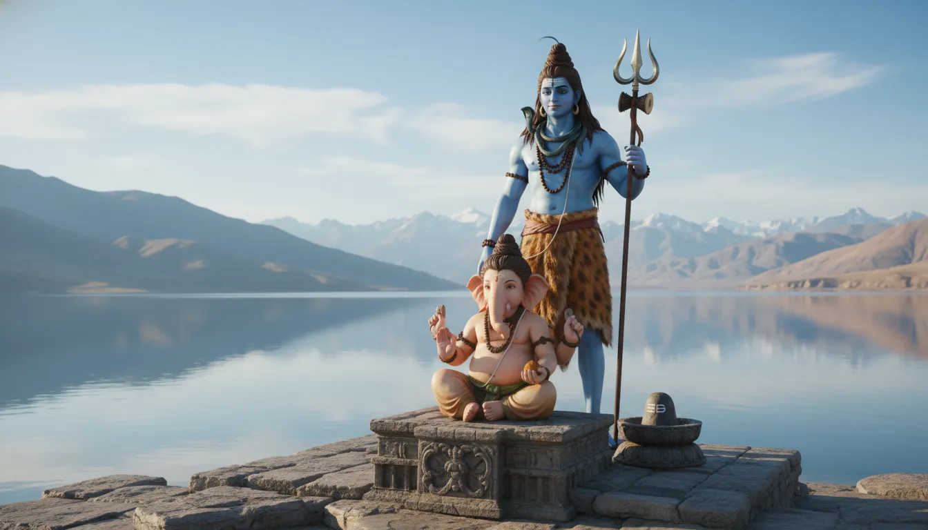 Lord Shiva stands behind child Ganesha on a stone platform overlooking a lake and distant mountains.