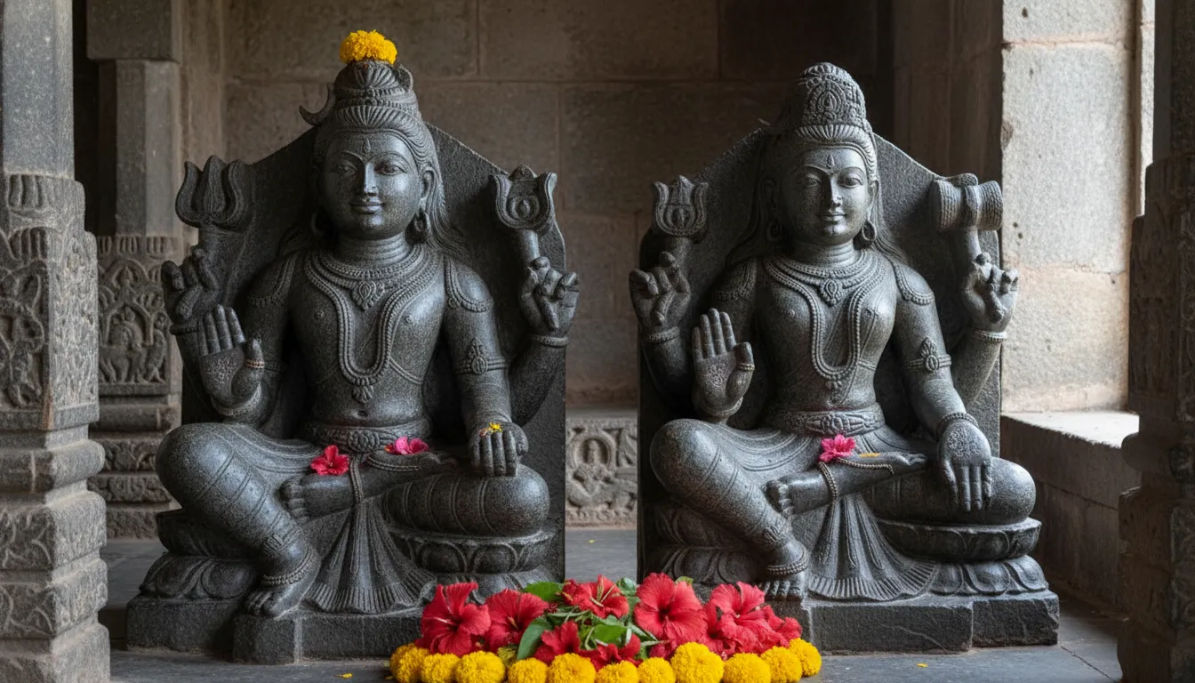 Intricately carved stone idols of Lord Shiva and Goddess Parvati inside Binsar Mahadev Temple Almora.