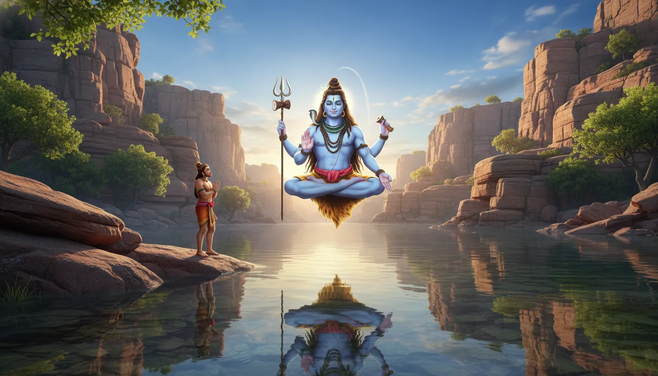 Lord Shiva floating near clear water while Hanuman stands respectfully by rocky lakeside cliffs