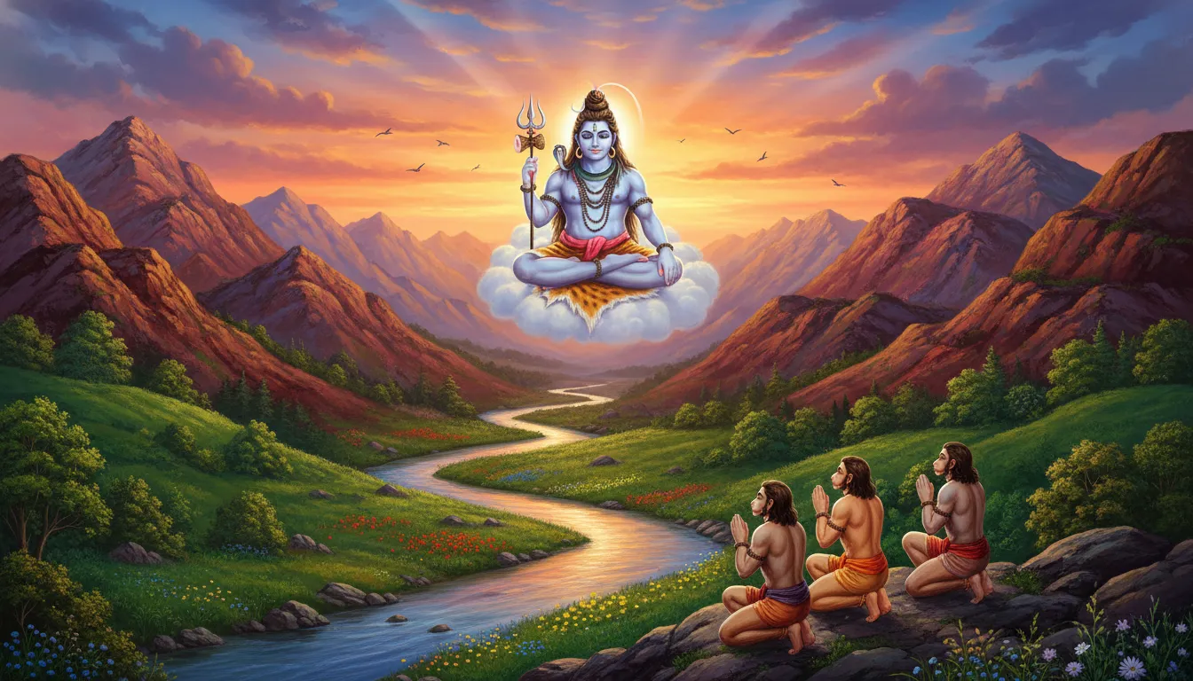 Lord Shiva sits above a green valley while three Hanuman figures pray below near a river and flowers.