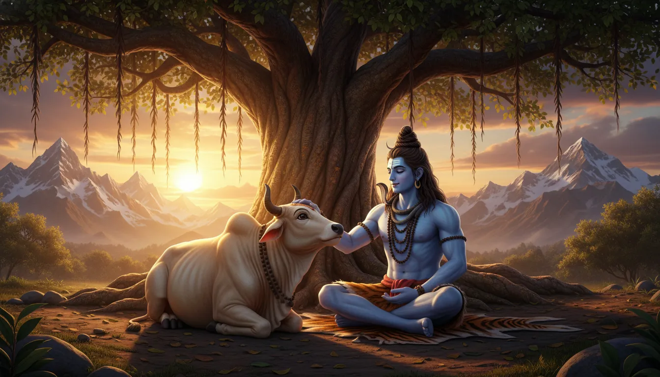 Lord Shiva sitting next to Nandi bull har har mahadev photo 3d.