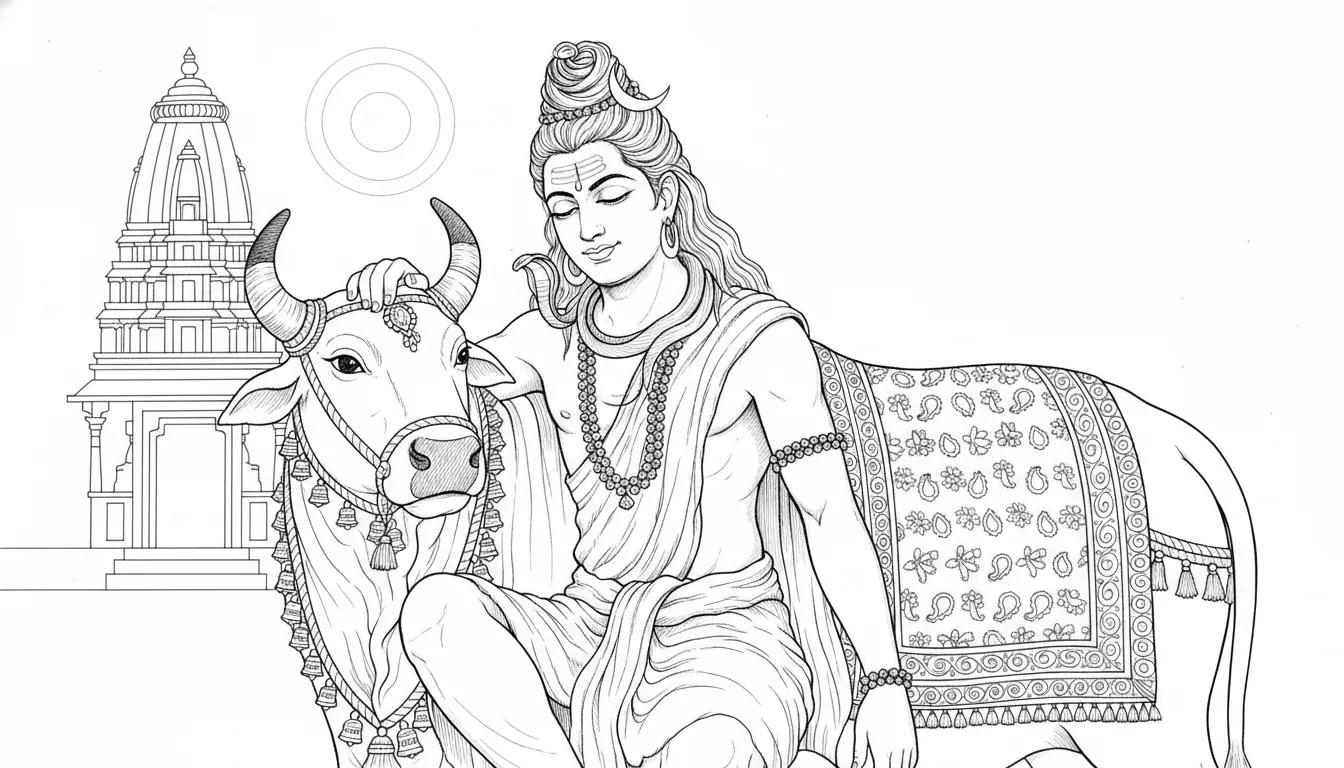 Black and white drawing of Lord Shiva resting with his divine vehicle Nandi bull