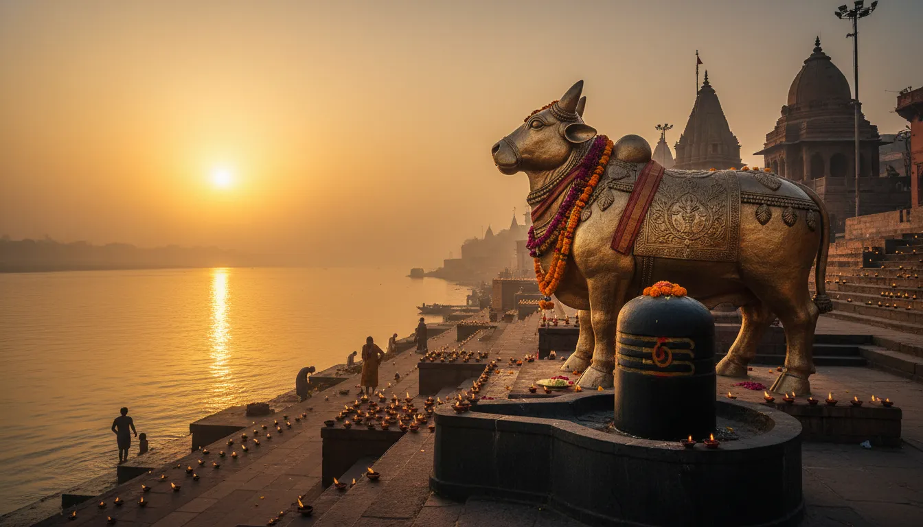 Spiritual Mahadev Nandi photo during a golden sunrise by a holy river.