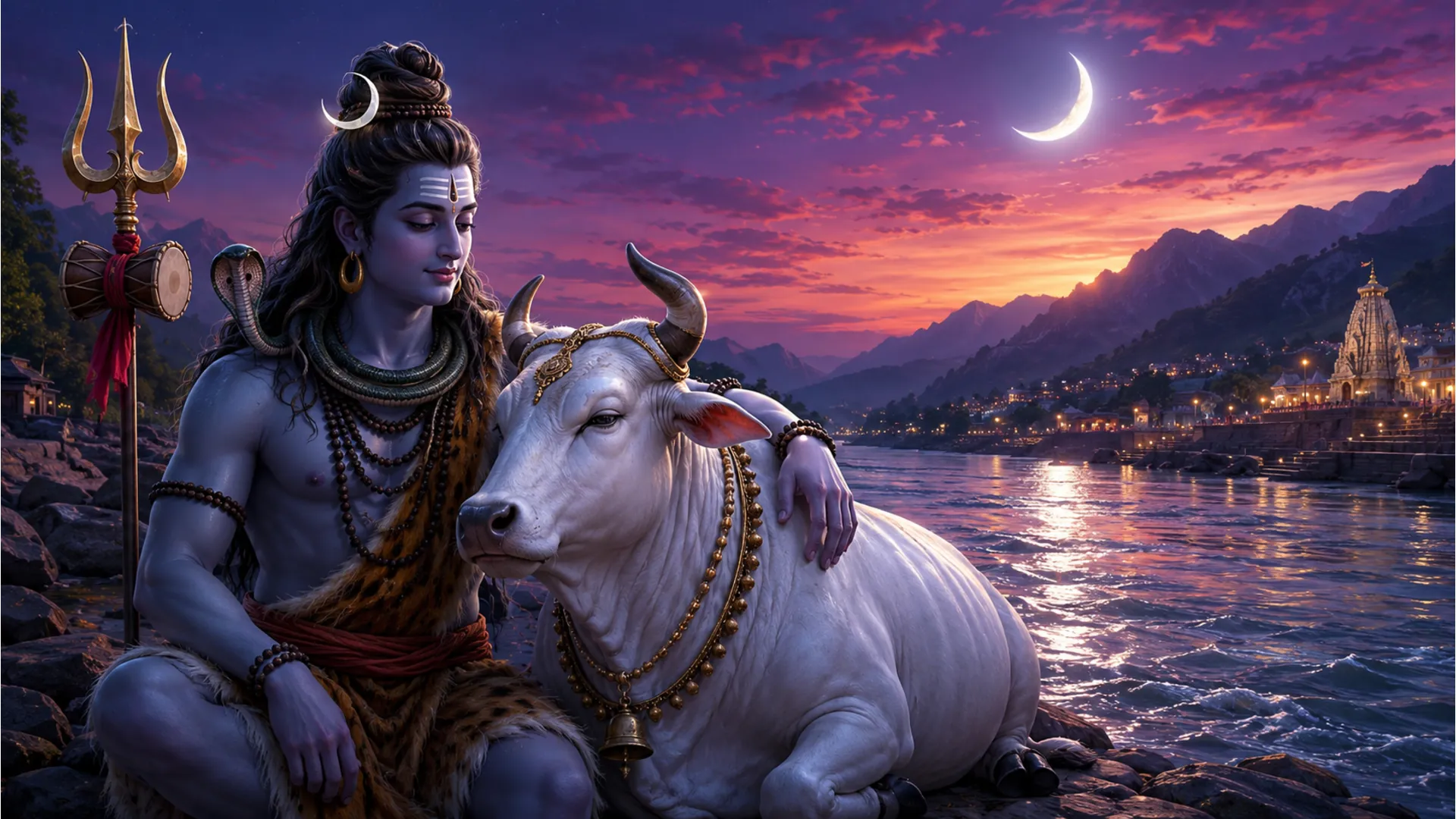 Shiva leaning gently against Nandi by the holy river Ganga during a colorful twilight.