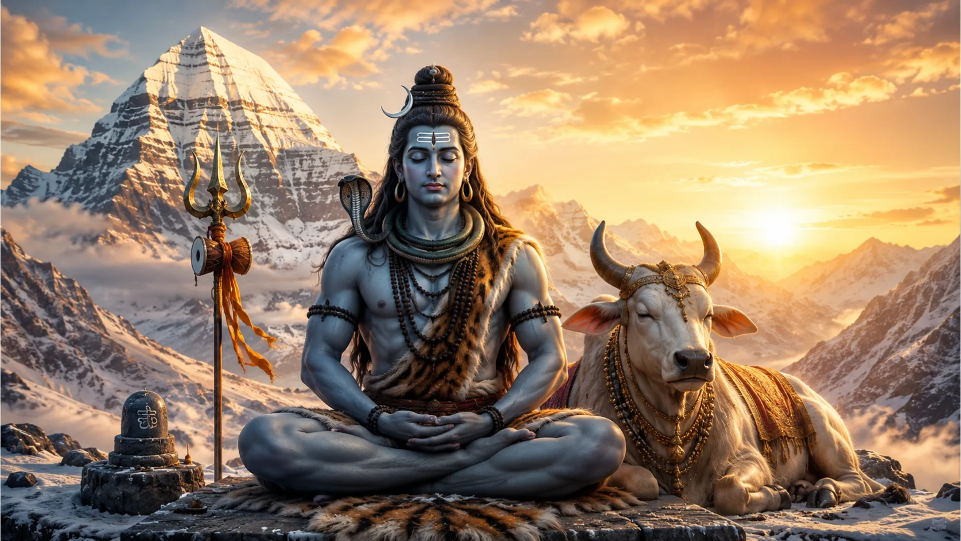 Lord Shiva sitting in meditation next to a peaceful Nandi bull in the Himalayas.