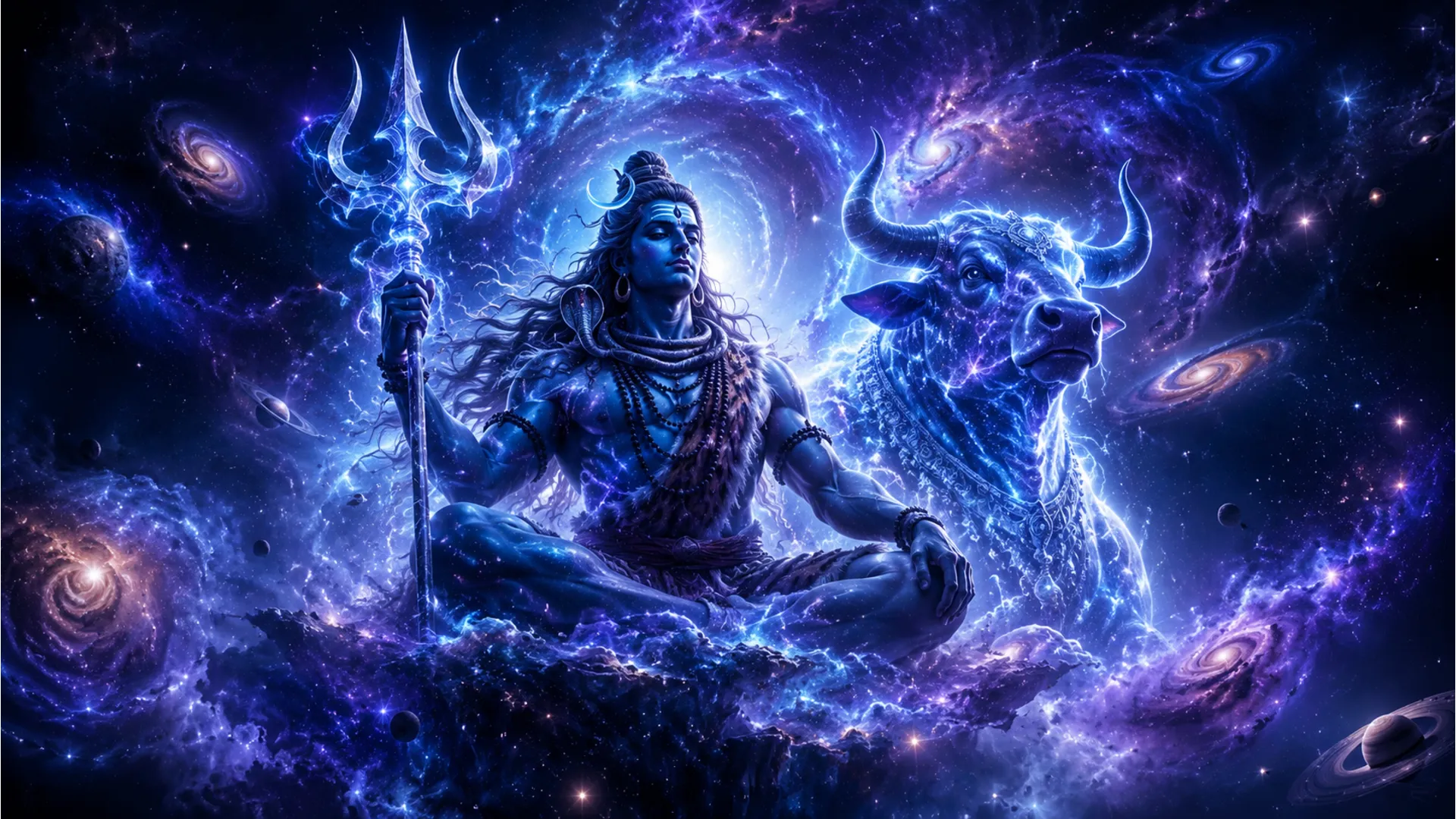 Lord Shiva and Nandi floating in the cosmic sky surrounded by stars and galaxies.