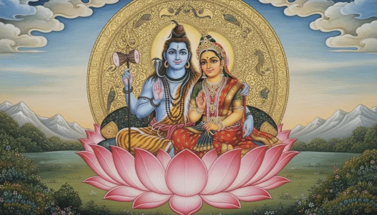 lord shiva and parvati sitting together on lotus throne divine painting