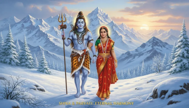 Lord Shiva and Goddess Parvati walking together in snowy mountains divine couple