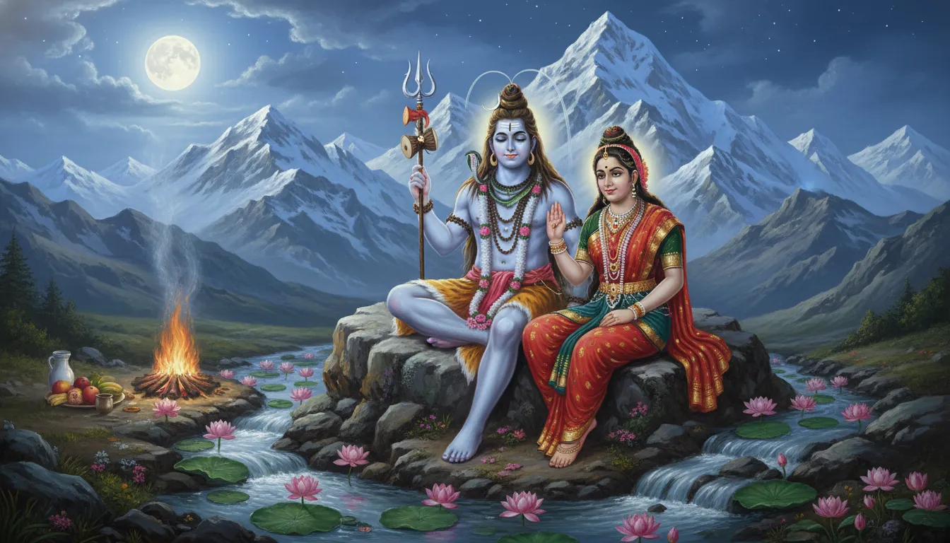 Lord Shiva and Parvati sitting on Mount Kailash with snowy mountains, river, moon, and lotus flowers