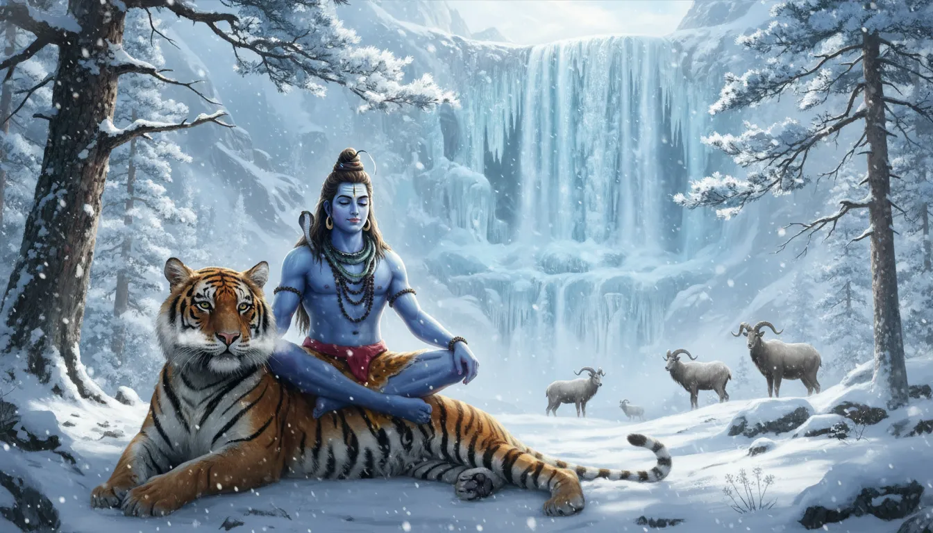 Lord Shiva with tiger in snowy Himalayan fantasy art landscape