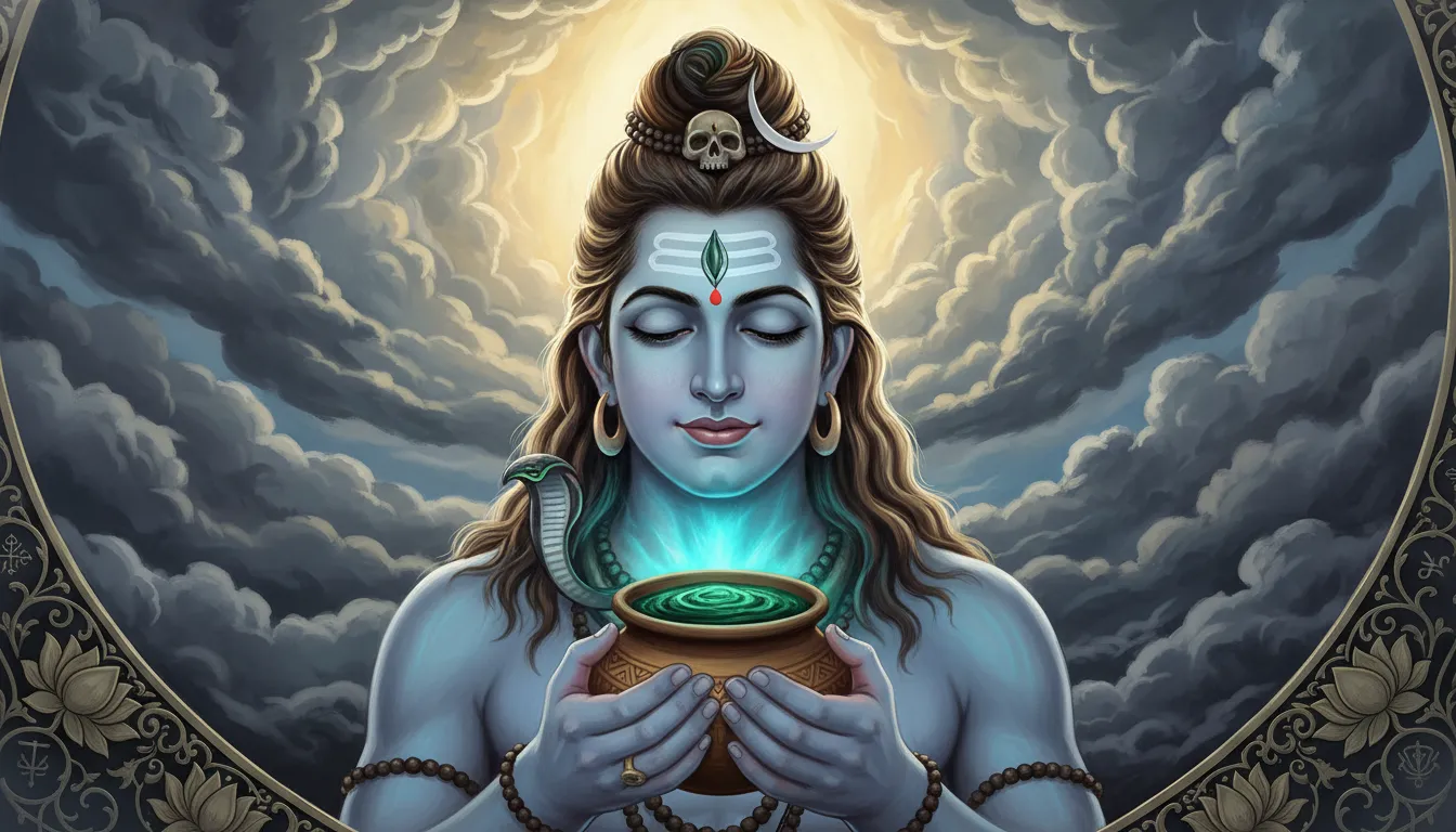 Mahadev drinking the cosmic poison Halahala with a glowing blue throat.