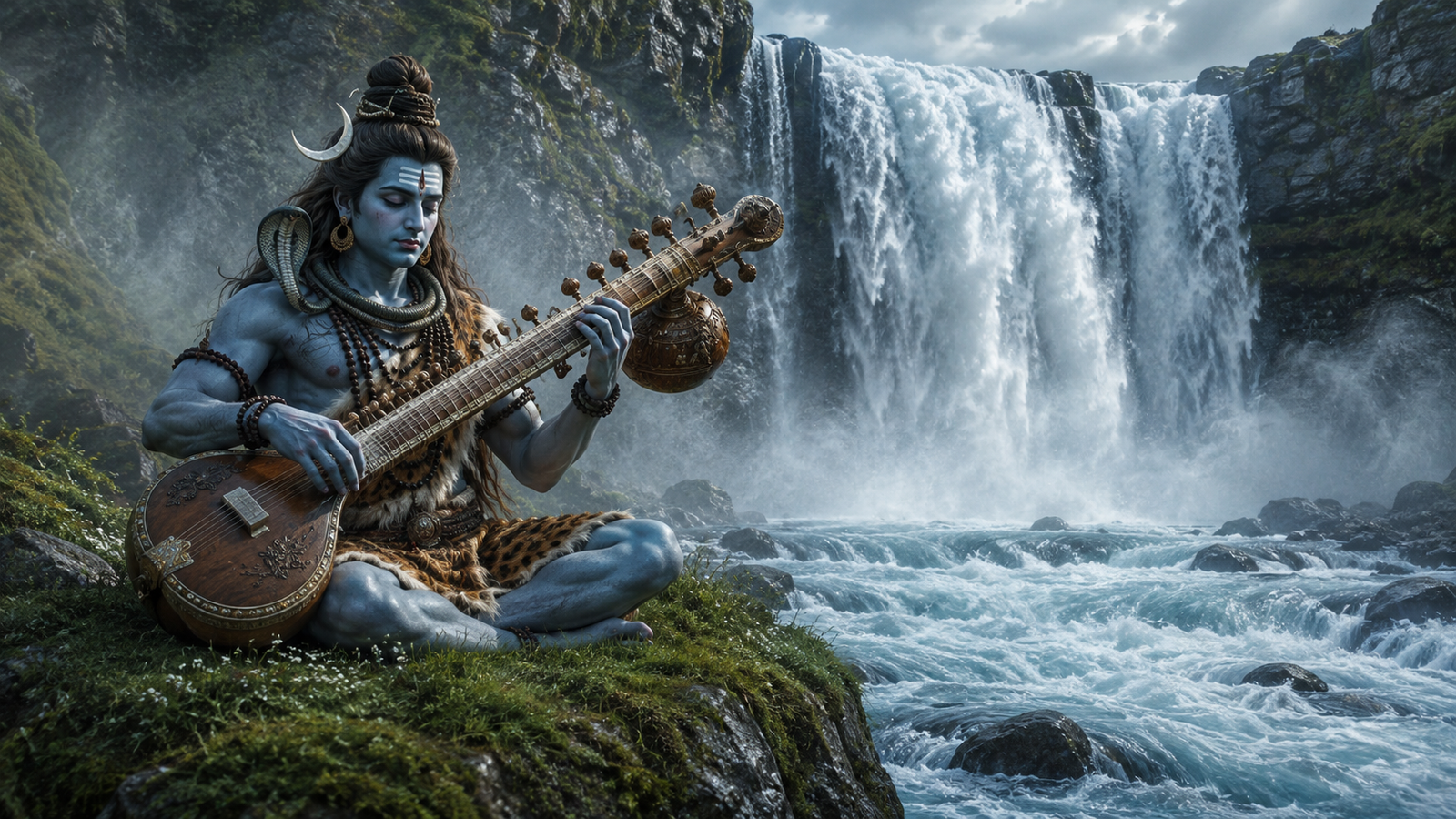 An artistic illustration of Lord Shiva playing a traditional Rudra Veena beside a rushing river waterfall.